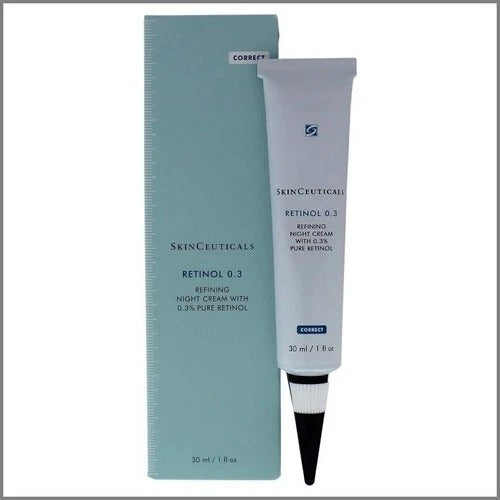 SkinCeuticals Retinol 0.3 Refining Night Cream tube and matching box, featuring 0.3% pure retinol, 30ml / 1 fl oz.