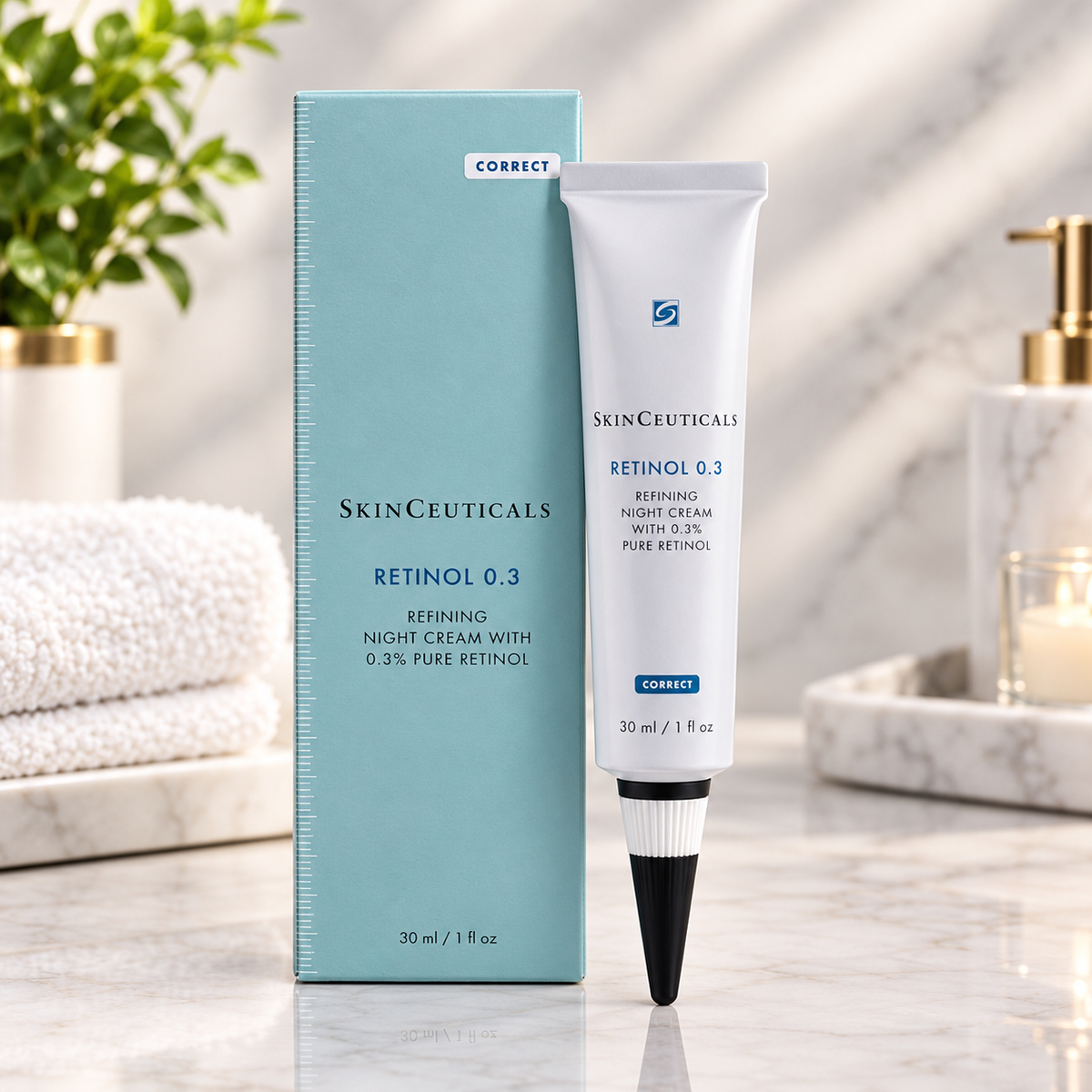 SkinCeuticals Retinol 0.3 Refining Night Cream tube and matching box, featuring 0.3% pure retinol, 30ml / 1 fl oz.