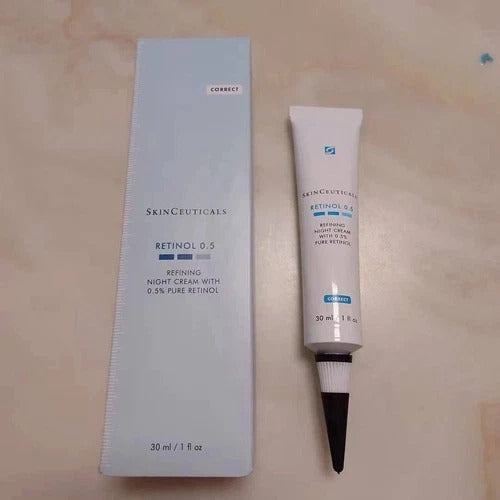 SkinCeuticals Retinol 0.5 Refining Night Cream tube with matching box, formulated with 0.5% pure retinol, 30ml / 1 fl oz.