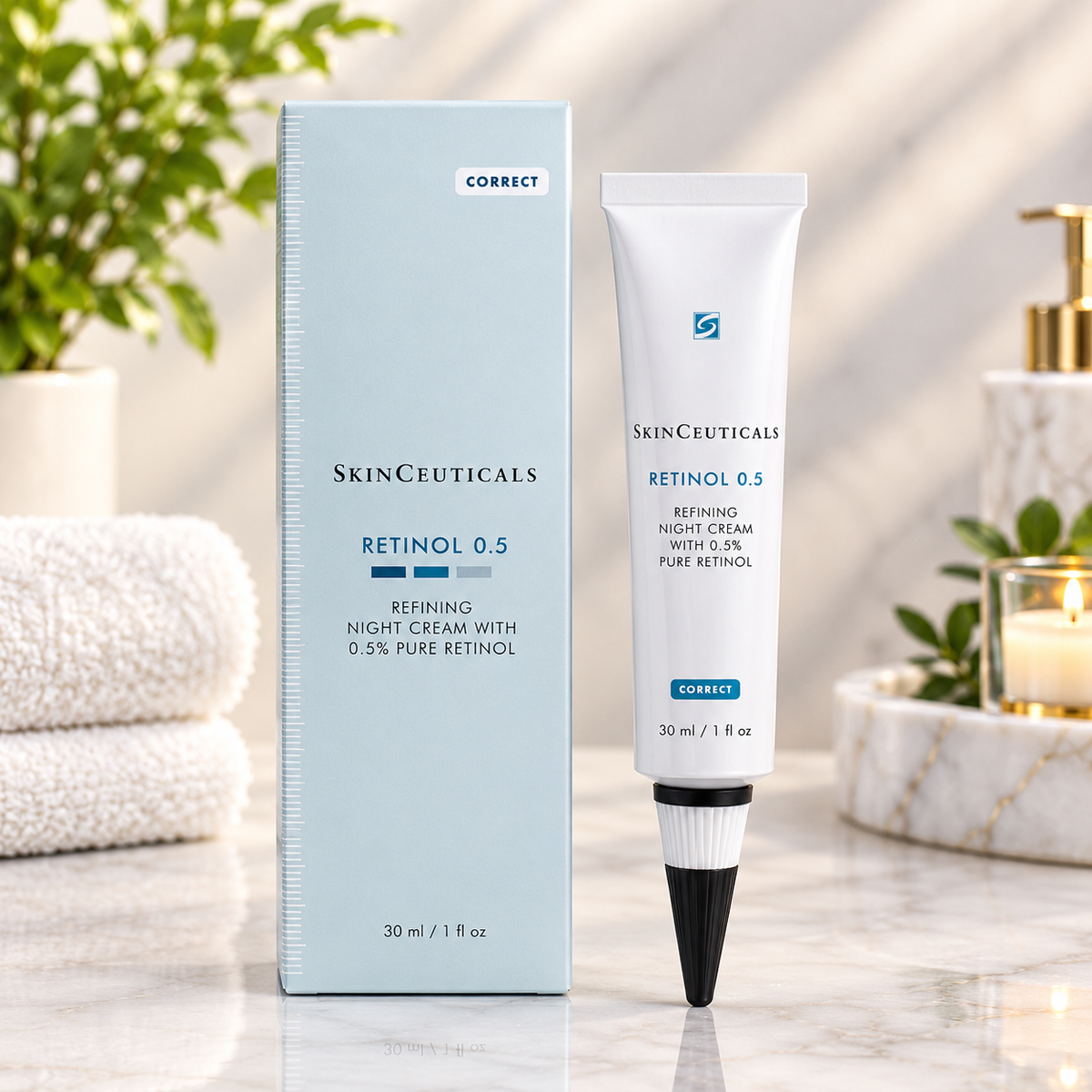 SkinCeuticals Retinol 0.5 Refining Night Cream tube with matching box, formulated with 0.5% pure retinol, 30ml / 1 fl oz.