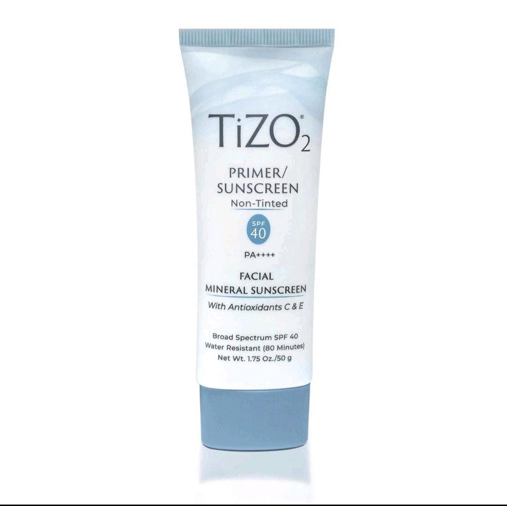 TiZO2 non-tinted facial mineral sunscreen and makeup primer SPF 40 in a 1.75 oz 50 g tube.