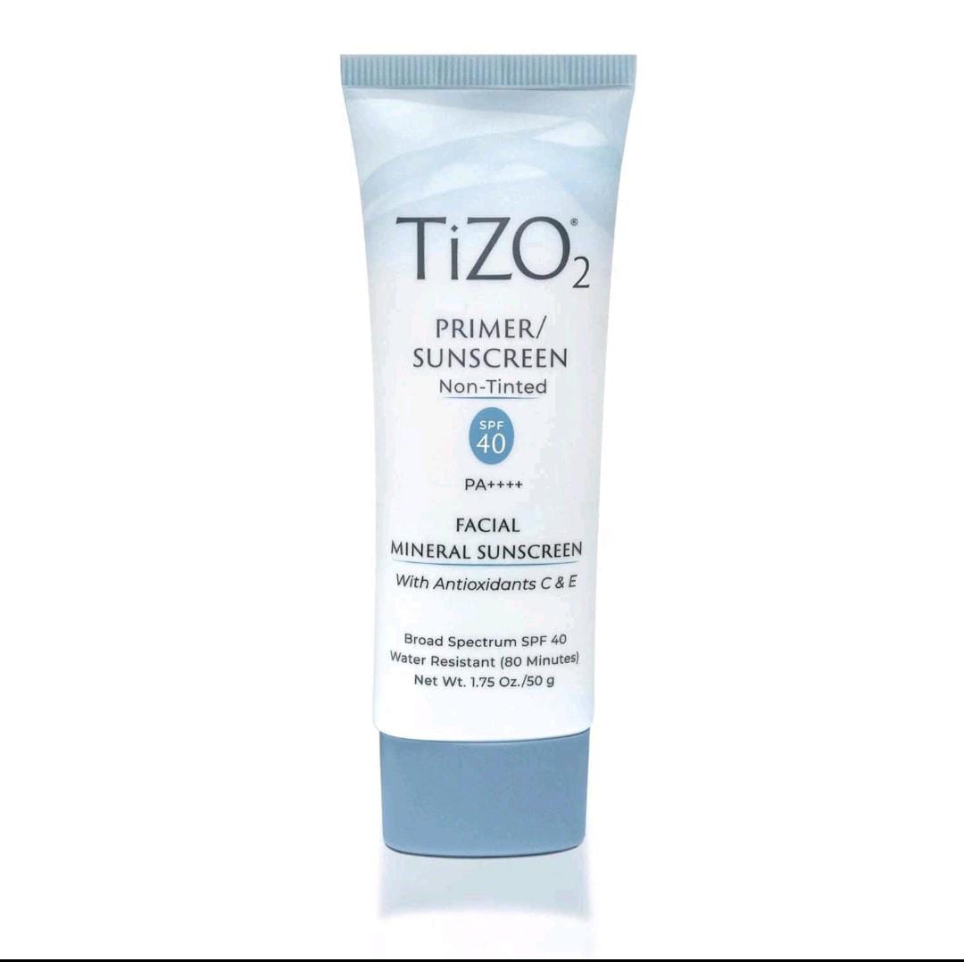 TiZO2 non-tinted facial mineral sunscreen and makeup primer SPF 40 in a 1.75 oz 50 g tube.