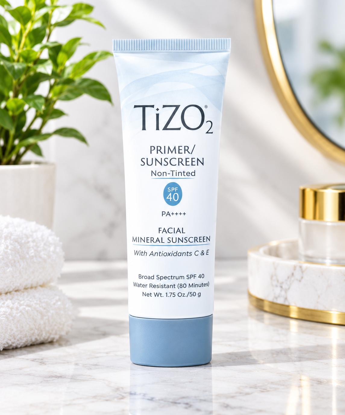 TiZO2 non-tinted facial mineral sunscreen and makeup primer SPF 40 in a 1.75 oz 50 g tube.