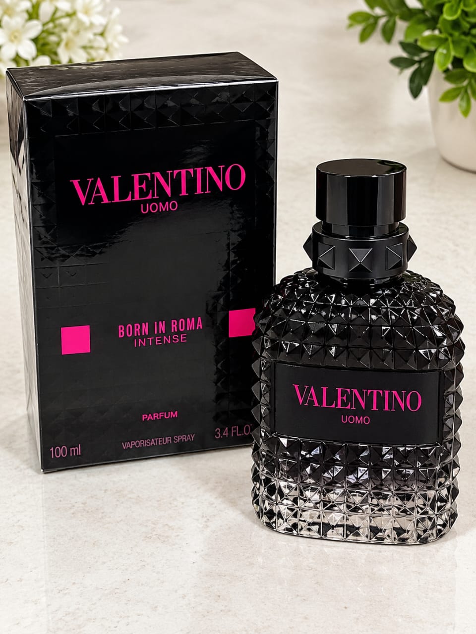  Valentino Uomo Born in Roma Intense Parfum for Men 3.4 oz (100 ml) black studded bottle with retail box.