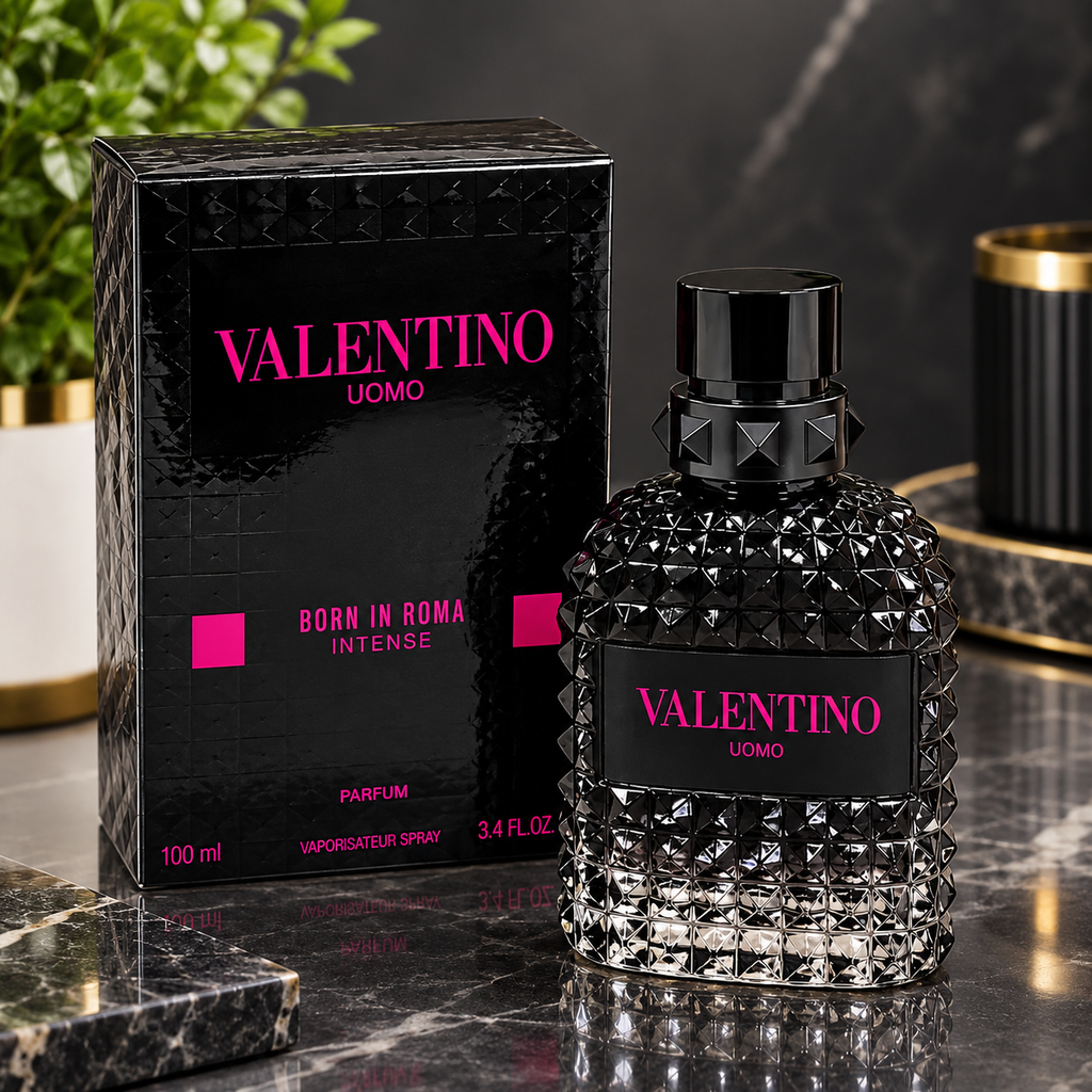  Valentino Uomo Born in Roma Intense Parfum for Men 3.4 oz (100 ml) black studded bottle with retail box.