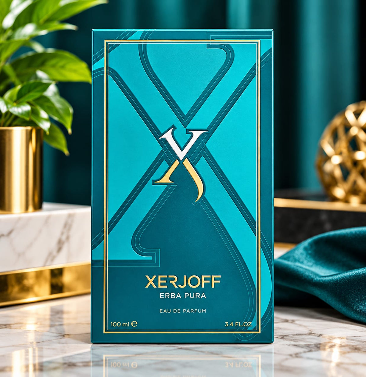 Xerjoff Erba Pura Eau de Parfum 100 ml luxury turquoise perfume box with gold detailing.