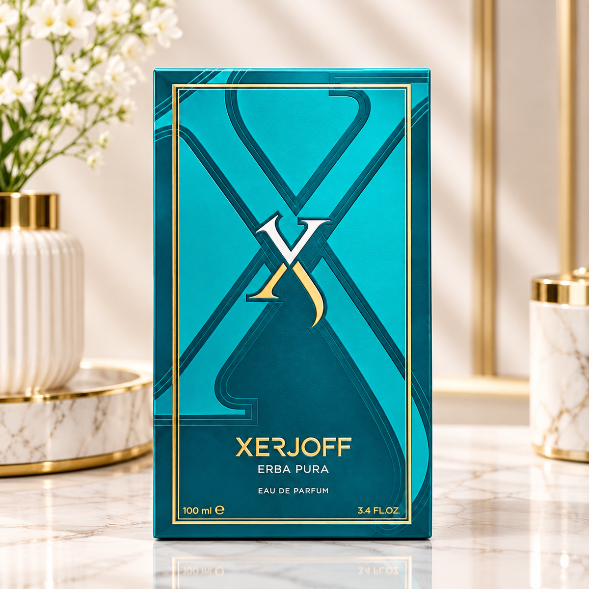 Xerjoff Erba Pura Eau de Parfum 100 ml luxury turquoise perfume box with gold detailing.