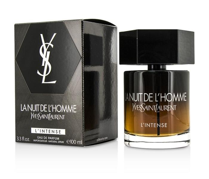 Yves Saint Laurent La Nuit de L’Homme L’Intense Eau de Parfum for Men, 3.3 fl oz (100 ml), with black bottle and matching presentation box.