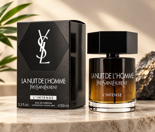 Yves Saint Laurent La Nuit de L’Homme L’Intense Eau de Parfum for Men, 3.3 fl oz (100 ml), with black bottle and matching presentation box.