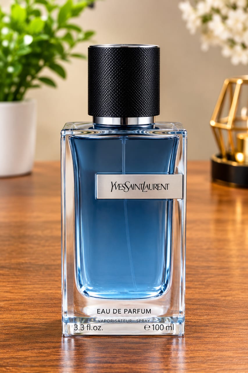 Yves Saint Laurent Y Eau de Parfum for Men, 3.3 oz (100 ml), featuring a blue glass bottle with a black cap and silver front label.