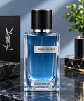 Yves Saint Laurent Y Eau de Parfum for Men, 3.3 oz (100 ml), featuring a blue glass bottle with a black cap and silver front label.