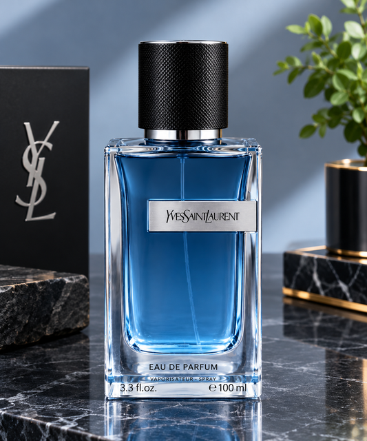 Yves Saint Laurent Y Eau de Parfum for Men, 3.3 oz (100 ml), featuring a blue glass bottle with a black cap and silver front label.