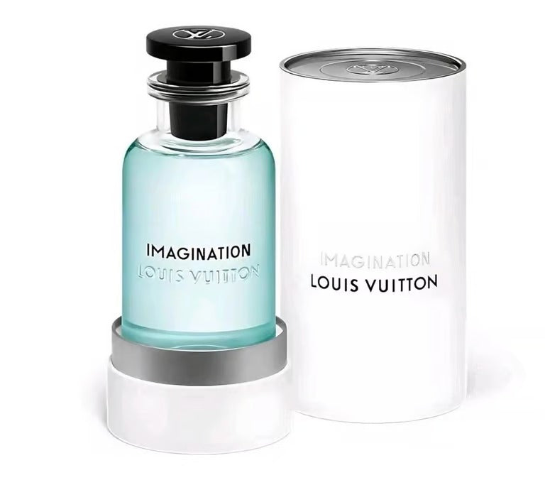 Louis Vuitton Imagination perfume bottle with matching cylindrical presentation case on a white background.