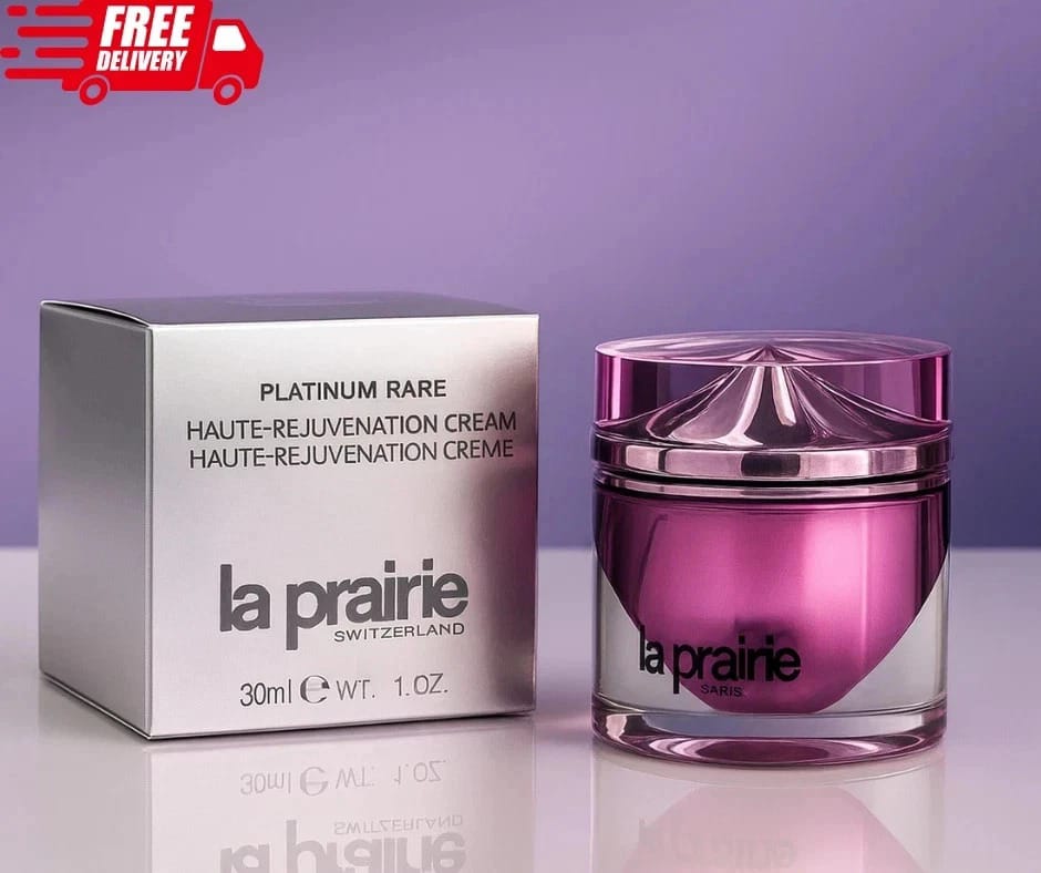 La Prairie Platinum Rare Haute-Rejuvenation Cream 30ml in a purple luxury jar with silver product packaging.