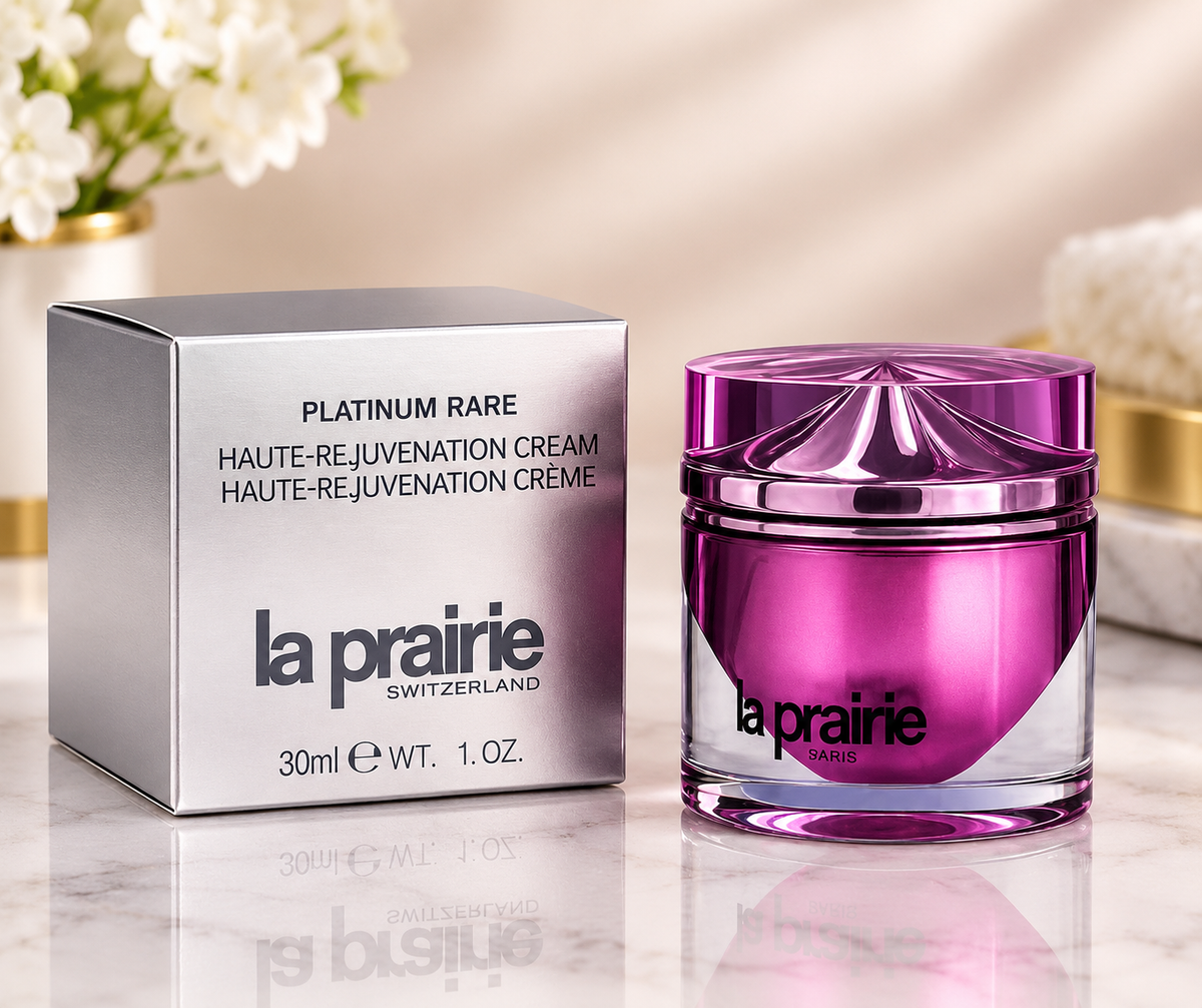 La Prairie Platinum Rare Haute-Rejuvenation Cream 30ml in a purple luxury jar with silver product packaging.