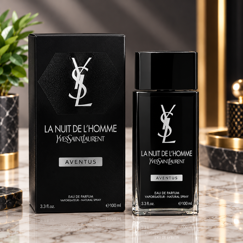 Black men's Eau de Parfum bottle and matching box displaying silver branding and 100 ml 3.3 fl oz packaging.